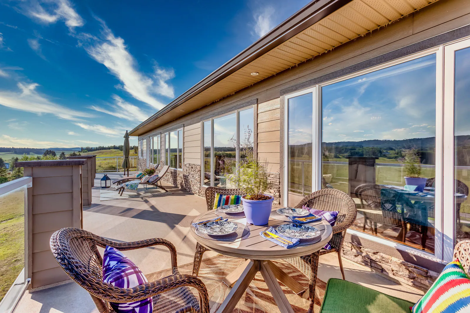 The 70 ft southwest-facing deck with a countryside view