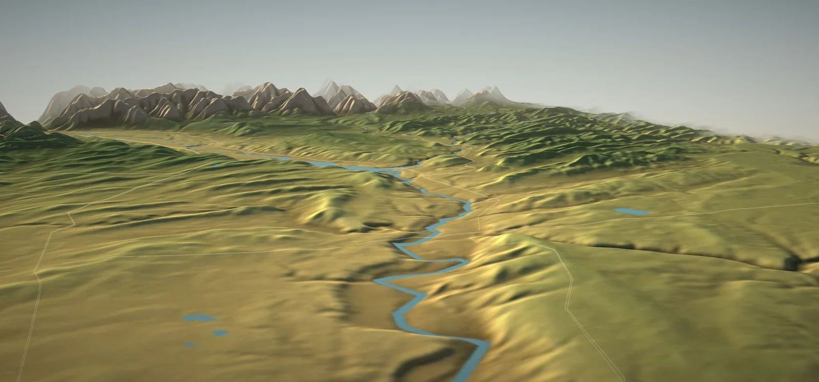 3D terrain rendering of the Bearspaw area and the Bow River valley, looking west to the Rockies