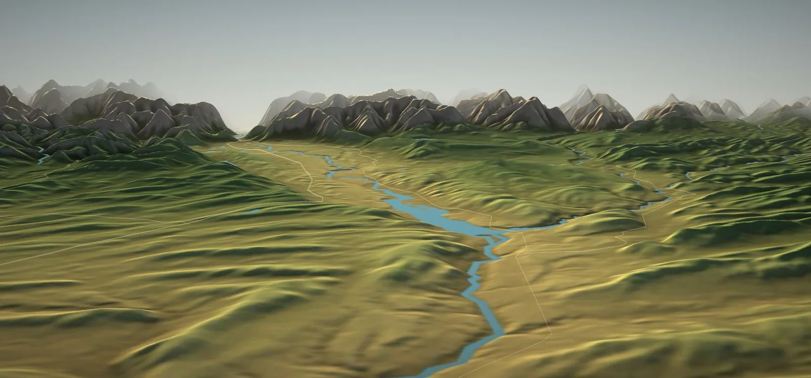 3D terrain rendering of the Bow Valley around Cochrane, looking west to the Rockies