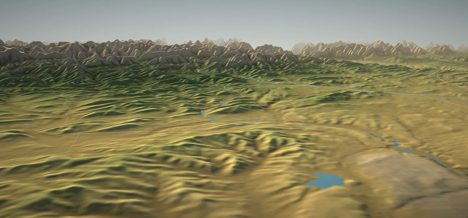 3D terrain rendering of the De Winton area south of Calgary, looking west