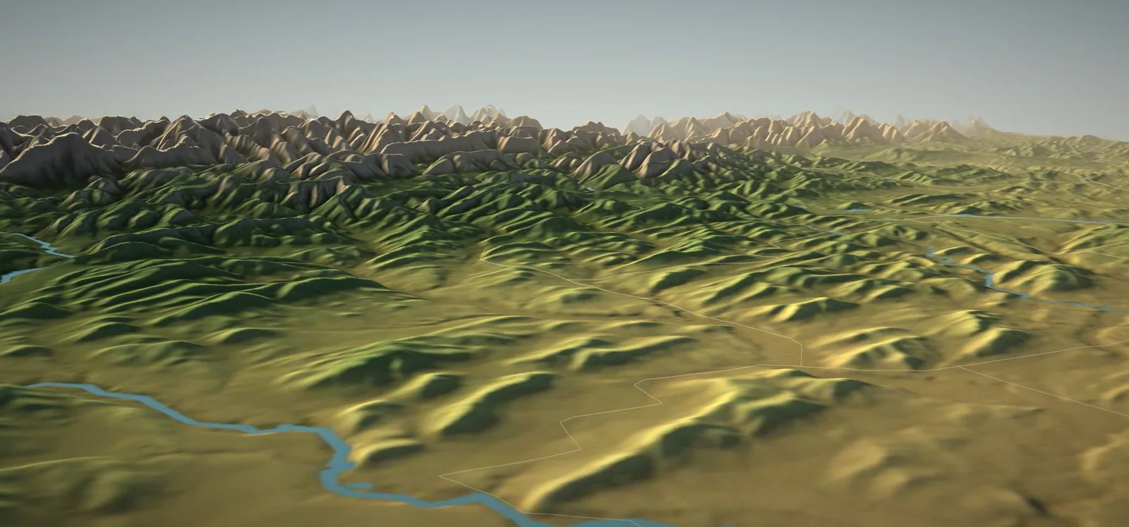 3D terrain rendering of the Sheep River valley around Diamond Valley, looking west