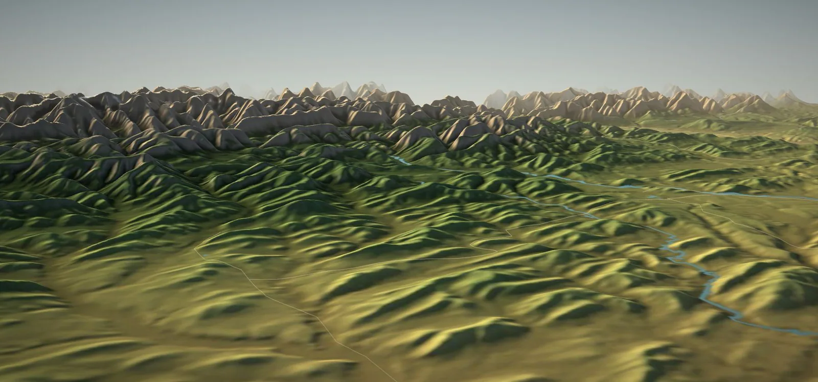 3D terrain rendering of the Millarville ranch country, looking west to the front ranges