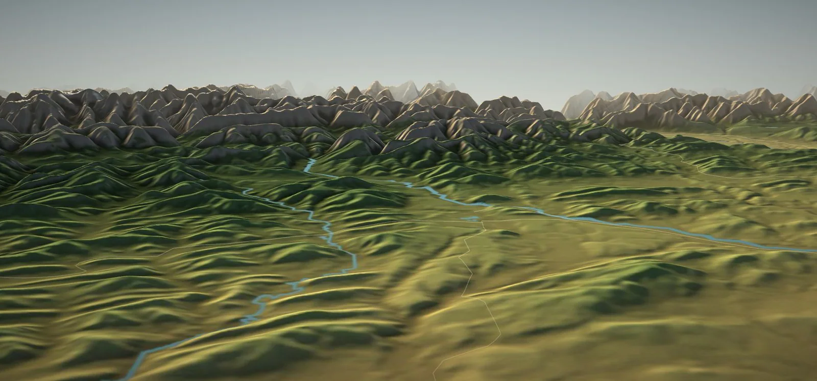 3D terrain rendering of the Priddis foothills, looking west to the Rockies